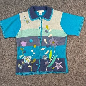 Willow Ridge Arriviste Short Sleeve Sweater Embroidered Size M - Ocean Floral